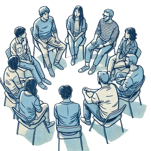 People sitting in a circle sharing at a meeting.